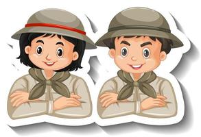 i bambini di coppia indossano l'adesivo del personaggio dei cartoni animati con l'abito da safari vettore