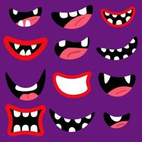 set di bocca di mostri. bocche rosse dei cartoni animati con denti e lingua isolati su sfondo viola vettore