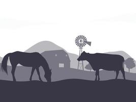 piatto illustrazione di cavallo e mucca nel azienda agricola abitare. vettore