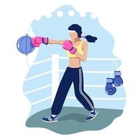 giovane donna in guanti da boxe rosa si allena sul ring. illustrazione di boxe femminile, sport e stile di vita sano. vettore