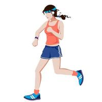 ragazza in abbigliamento sportivo, in cuffia e con un braccialetto fitness corre. illustrazione di sport e stile di vita sano. vettore