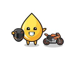 simpatico cartone animato goccia di miele come pilota di motociclette vettore
