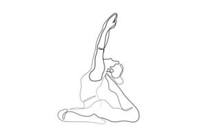 uno continuo linea disegno di donna praticante yoga fitness concetto professionista illustrazione vettore