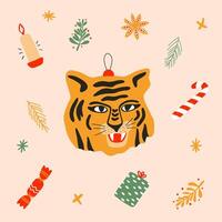 Natale saluto carta o invito design con tigre. allegro Natale idea per saluto carta, parete arte, t camicia, stampabile abbigliamento. regalo, candela, caramella canna su sfondo. vettore