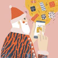 Santa Claus detiene smartphone e invia in linea i regali. concetto in linea vendita con vario regalo scatole. Natale concetto di sociale distanza a partire dal il coronavirus covid 19. vettore