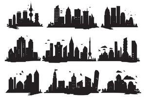 città skyline silhouette, paesaggio urbano impostare, nero isolato su bianca sfondo gratuito design vettore