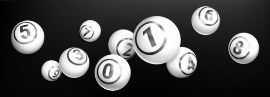 realistico Lotto bianca palle con numeri di vincente combinazione. biliardo sport gioco o biliardo. caduta lotteria tombola gioco d'azzardo lucido sfere isolato su nero sfondo. vettore