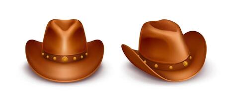 realistico illustrazione di Marrone cowboy cappelli con gruppo musicale attraverso il superiore, isolato su bianca sfondo. stetson di sceriffo, pelle proprietario di ranch o allevatore cap. Stati Uniti d'America occidentale stile. selvaggio ovest concetto. vettore