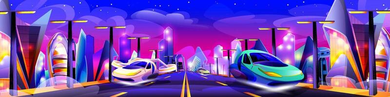 futuro notte città con neon raggiante luci. futuristico paesaggio urbano nel viola colori. moderno edifici e volante macchine insolito forme. alieno urbano architettura grattacieli cartone animato illustrazione. vettore