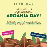 internazionale giorno di argania. 10 ° Maggio internazionale giorno di argania celebrazione bandiera con argan pianta e semi su buio verde sfondo. striscione, sociale media inviare per benefici di argan alberi. vettore