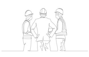 continuo uno linea disegno di costruzione progetto manager parlando con Due costruzione caposquadra, costruzione progetto progresso concetto, singolo linea arte. vettore