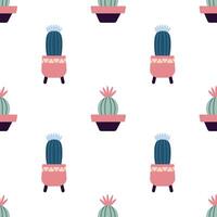 carino cactus nel boho stile. cactus senza soluzione di continuità modello. di moda boho struttura. cactus tessuto Stampa design. succulento tessile. piatto disegno, scarabocchio stile, bianca sfondo vettore