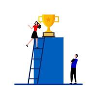 un' gruppo di persone saltare, assunzione su un' trofeo. d'oro trofeo attività commerciale è un risultato. andare, ricompensa e celebrare. illustrazione vettore