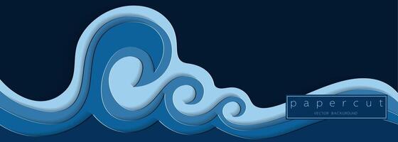 carta tagliare in profondità blu acqua onda su buio blu sfondo. ritagliare minimalista lusso stratificato oceano onde . 3d telaio icona per manifesti e volantini, presentazione, ragnatela, sociale media, design e striscione. vettore