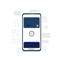 mobile pagamento. smartphone con in linea pagamenti. credito carta su Telefono schermo. nfc pagamenti. applicazione per bancario, finanza e elettronico pagamenti. vettore