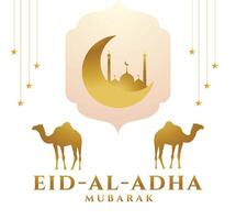 eid al adha mubarak sfondo, striscione, saluto design con pendenza oro colore tema. silhouette moschea agnello e cammello. vettore