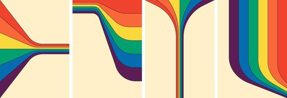 retrò Groovy arcobaleno colore a strisce manifesto impostare. geometrico hippie arcobaleni sentiero su stampe. Vintage ▾ hippy stile astratto iridescente flusso strisce. di moda minimo y2k colorato spettro arte coperture vettore