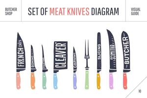 carne taglio coltelli impostare. manifesto macellaio diagramma e schema vettore