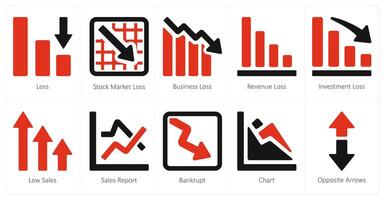 un' impostato di 10 diagramma e rapporti e rapporti icone come perdita, azione mercato perdita, attività commerciale perdita vettore