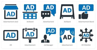 un' impostato di 10 Annunci e marketing icone come annuncio pubblicitario negozio, anno Domini asse, annuncio pubblicitario vettore