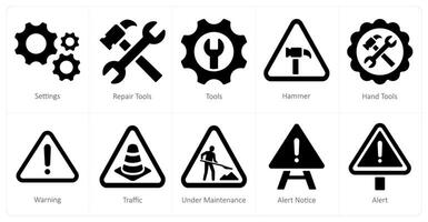 un' impostato di 10 sotto costruzione icone come impostazioni, riparazione Strumenti, utensili vettore