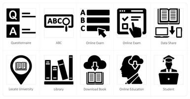 un' impostato di 10 in linea formazione scolastica icone come questionario, abc, in linea esame vettore