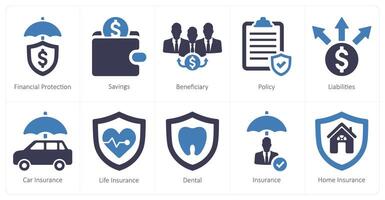 un' impostato di 10 assicurazione icone come finanziario protezione, risparmio, beneficiario vettore