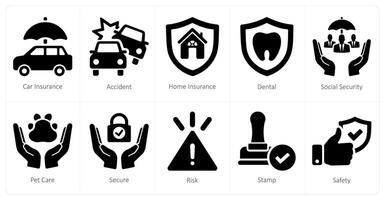 un' impostato di 10 assicurazione icone come auto assicurazione, incidente, casa assicurazione vettore
