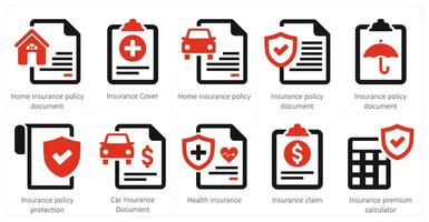 un' impostato di 10 assicurazione icone come casa assicurazione politica documento, assicurazione coperchio, casa assicurazione politica vettore