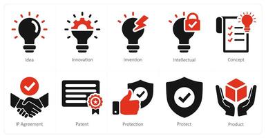 un' impostato di 10 intellettuale proprietà icone come idea, innovazione, invenzione vettore