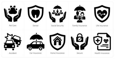 un' impostato di 10 assicurazione icone come animale domestico cura, dentale, sociale sicurezza vettore