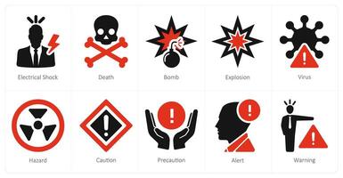 un' impostato di 10 rischio Pericolo icone come elettrico shock, Morte, bomba vettore