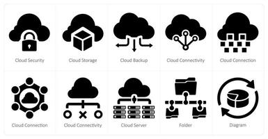 un' impostato di 10 grande dati icone come nube sicurezza, nube Conservazione, nube di riserva vettore