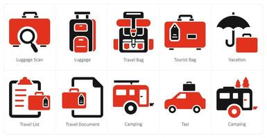 un' impostato di 10 viaggio e vacanza icone come bagaglio scansione, bagaglio, viaggio Borsa vettore