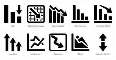 un' impostato di 10 diagrammi e rapporti icone come perdita, azione mercato perdita, attività commerciale perdita vettore