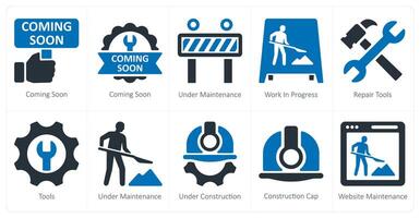 un' impostato di 10 in costruzione icone come In arrivo presto, sotto Manutenzione, opera nel progresso vettore