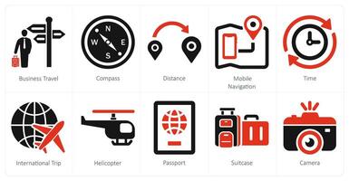 un' impostato di 10 mescolare icone come attività commerciale viaggiare, bussola, distanza, mobile navigazione vettore