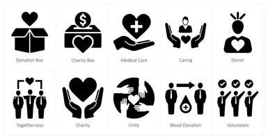 un' impostato di 10 beneficenza e donazione icone come donazione scatola, beneficenza scatola, medico cura vettore