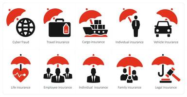 un' impostato di 10 assicurazione icone come informatica frode, viaggio assicurazione, carico assicurazione vettore