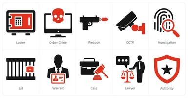 un' impostato di 10 giustizia icone come armadietto, informatica crimine, arma vettore