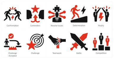 un' impostato di 10 sfida icone come confronto, contendenti, risolvere problemi vettore