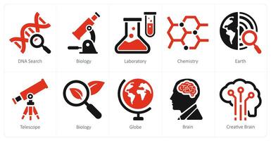 un' impostato di 10 scuola e formazione scolastica icone come dna ricerca, biologia, laboratorio vettore