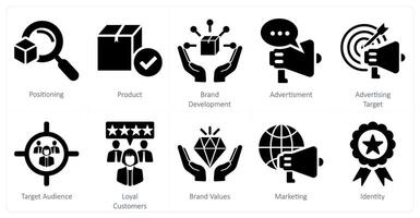 un' impostato di 10 il branding icone come posizionamento, Prodotto, marca sviluppo vettore