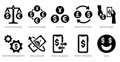 un' impostato di 10 finanza icone come moneta scambio, moneta, i soldi conversione vettore