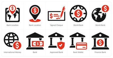 un' impostato di 10 finanza icone come banca Posizione, firmato verificare, mondo banca vettore