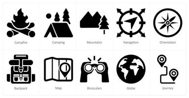 un' impostato di 10 avventura icone come fuoco da campo, campeggio, montagne vettore