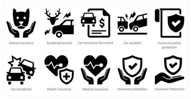 un' impostato di 10 assicurazione icone come animale assicurazione, accidentale animale, auto assicurazione documento vettore