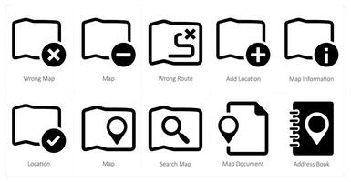 un' impostato di 10 navigazione icone come sbagliato carta geografica, carta geografica, sbagliato itinerario vettore