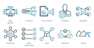 un' impostato di 10 blockchain icone come informatica sicurezza, crittografia, inteligente contrarre vettore