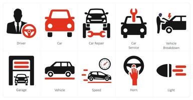 un' impostato di 10 auto icone come autista, macchina, auto riparazione vettore